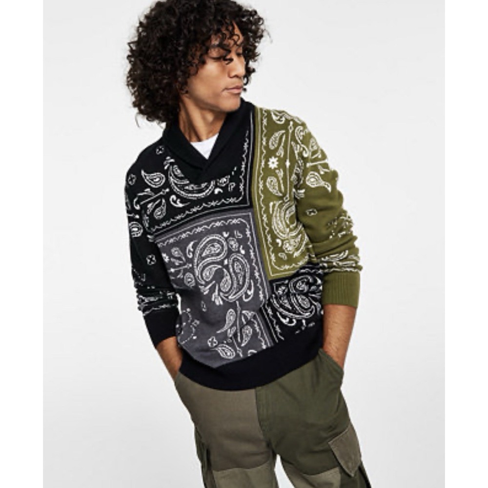 Sun + Stone Mens XL Shawl Bandana Patch Sweater 100% Cotton Green Gray Black‎